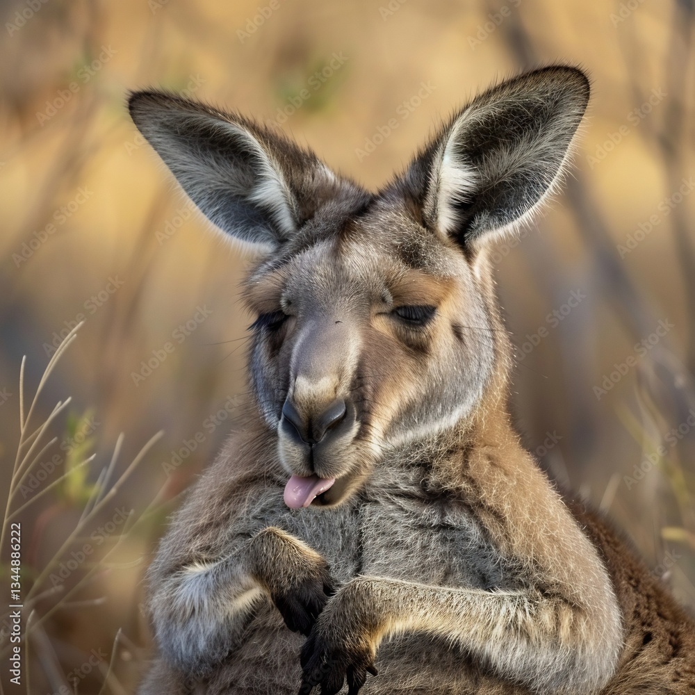 Western Grey Kangaroo cooling itself licking forearms midday heat sharp focus texture of tongue and fur shallow depth of field creating a soft blurred background overcast lighting for natural contrast Western Grey Kangaroo cooling itself licking forearms midday heat sharp focus texture of tongue and fur shallow depth of field creating a soft blurred background overcast lighting for natural contrast