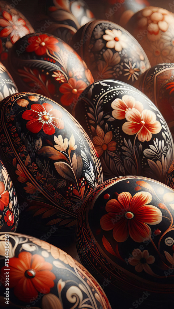 a vibrant collection of Easter eggs adorned with delicate floral motifs. The detailed craftsmanship and harmonious colors come together, embodying the joy and beauty of the holiday season.