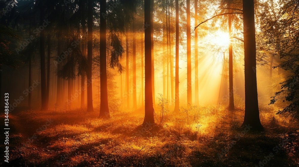 Obraz premium Serene Sunlight Filtering Through Tall Trees in Enchanted Forest During Early Morning Ambiance