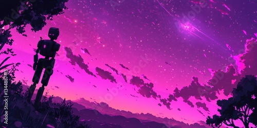 A lonely robot stands looking at a vibrant purple night sky