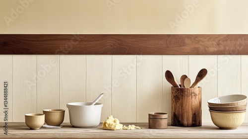 Cozy Kitchen Setup with Wooden Tools and Simple Ceramic Bowls Against Beige Wall