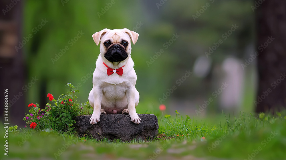 Fototapeta premium Pug in park, red bow tie