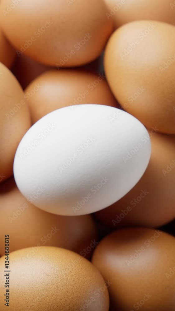 Pile of fresh raw eggs rotating. Healthy fresh ingredients for breakfast. Top view. Organic food. Vertical footage. GMO FREE farm product. Close up in 4K, UHD Pile of fresh raw eggs rotating. Healthy fresh ingredients for breakfast. Top view. Organic food. Vertical footage. GMO FREE farm product. Close up in 4K, UHD
