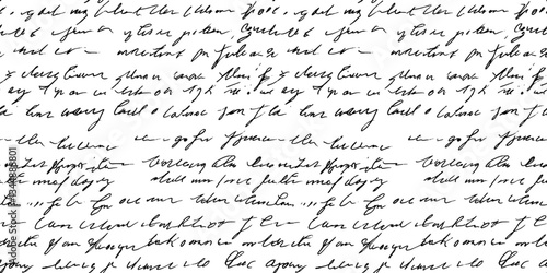 Seamless pattern of abstract illegible handwritten text. Vintage grunge bad calligraphy script, old book document. Vector illustration of monochrome unreadable handwriting cursive poetry paragraph bac