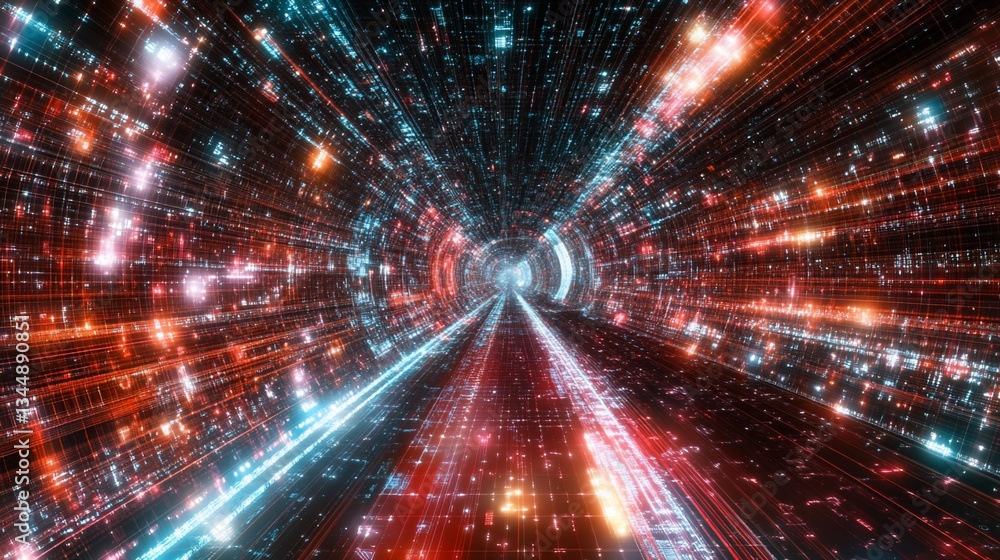 Obraz premium Futuristic data tunnel, red-blue light streaks, digital background, tech presentation
