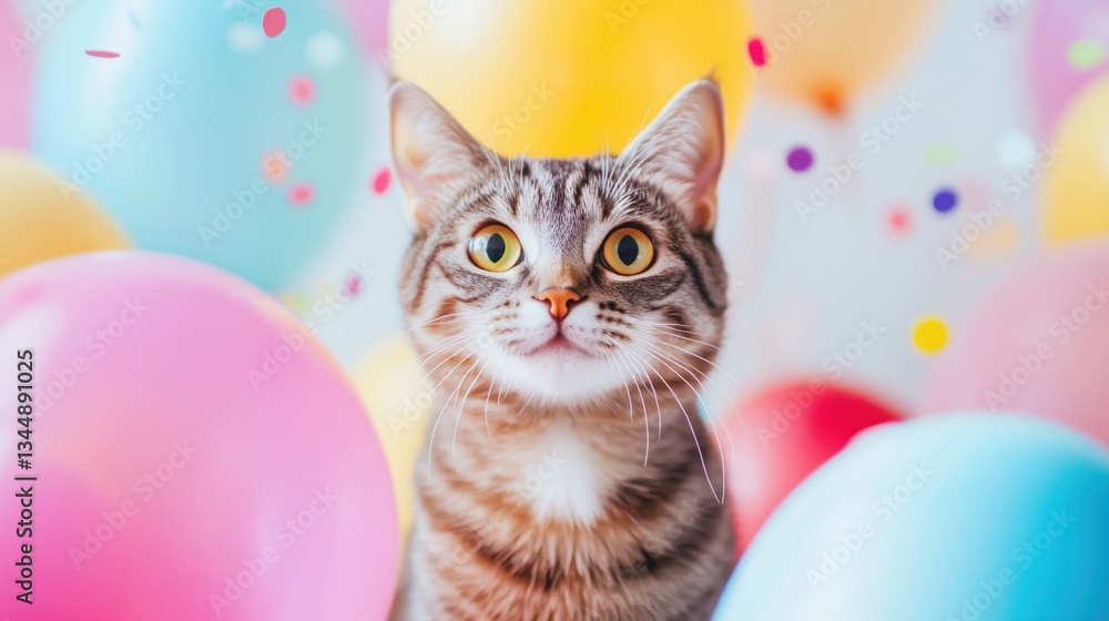 Cute cat surrounded by colorful balloons and confetti at a festive celebration Cute cat surrounded by colorful balloons and confetti at a festive celebration