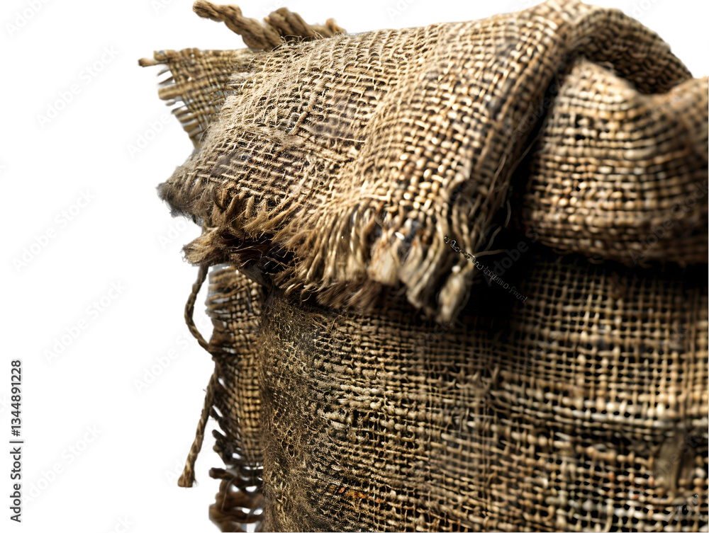 Old burlap sack resting on a surface with frayed edges, showing signs of wear and history in natural light Old burlap sack resting on a surface with frayed edges, showing signs of wear and history in natural light