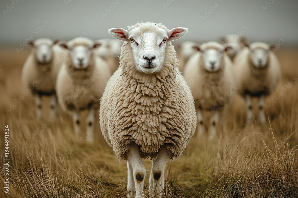 Naklejka premium Flock of Sheep Grazing in a Scenic Field During Golden Hour
