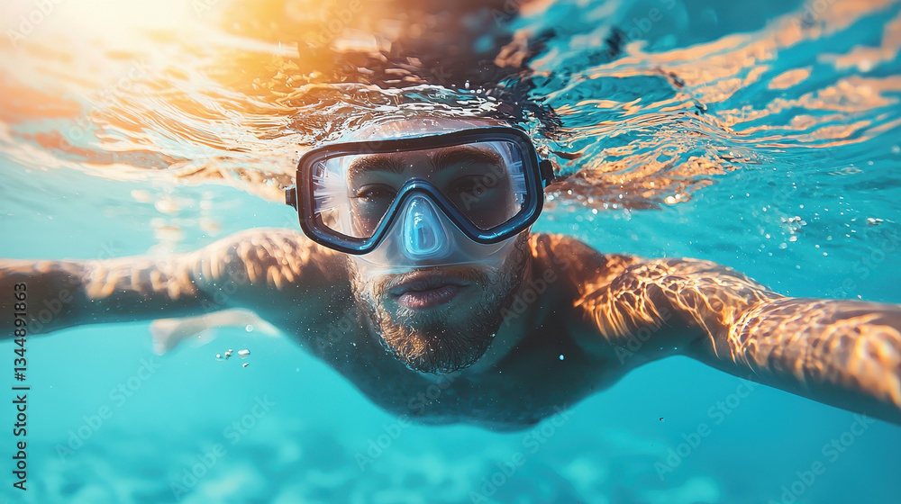 Naklejka premium Jellyfish hovering near swimmer's leg in crystal-clear ocean water with sunlight reflections