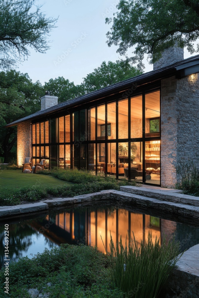 Stunning modern house with large glass windows reflecting in a tranquil pond during twilight, showcasing contemporary design and inviting outdoor space surrounded by lush greenery Stunning modern house with large glass windows reflecting in a tranquil pond during twilight, showcasing contemporary design and inviting outdoor space surrounded by lush greenery