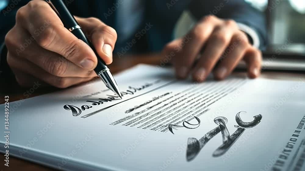 A close-up of a businessman’s hand holding a pen, with a contract and a signed page resting on a desk. A close-up of a businessman’s hand holding a pen, with a contract and a signed page resting on a desk.