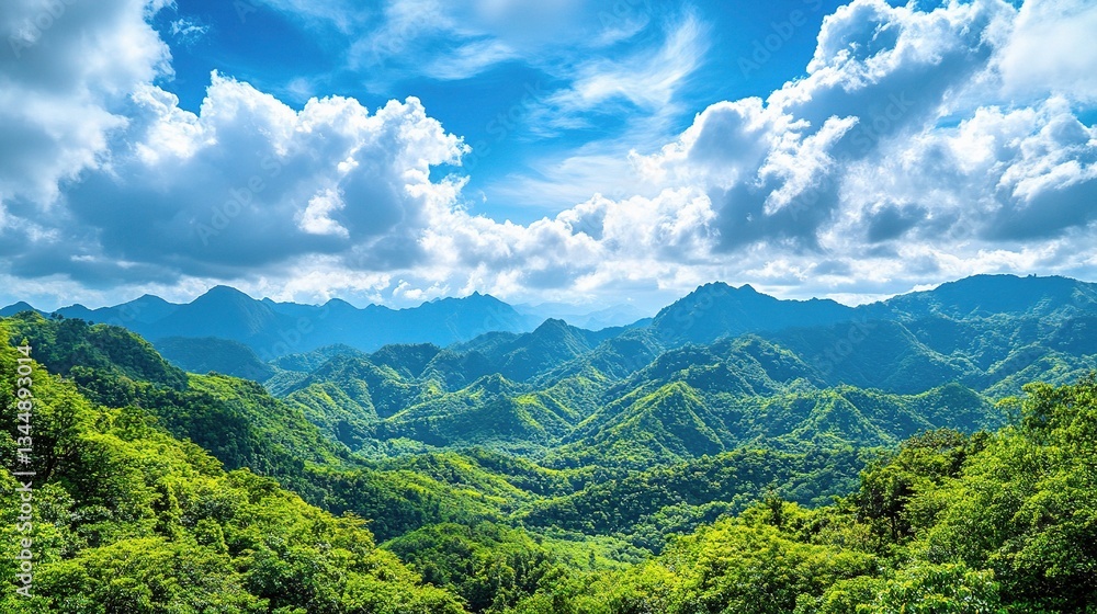 Obraz premium Scenic View of Lush Green Mountains Under Blue Sky with Clouds