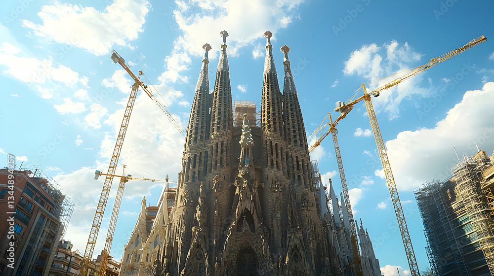 Fototapeta premium Dramatic Architectural Structure With Golden Cranes Against Blue Sky In Sunny Day