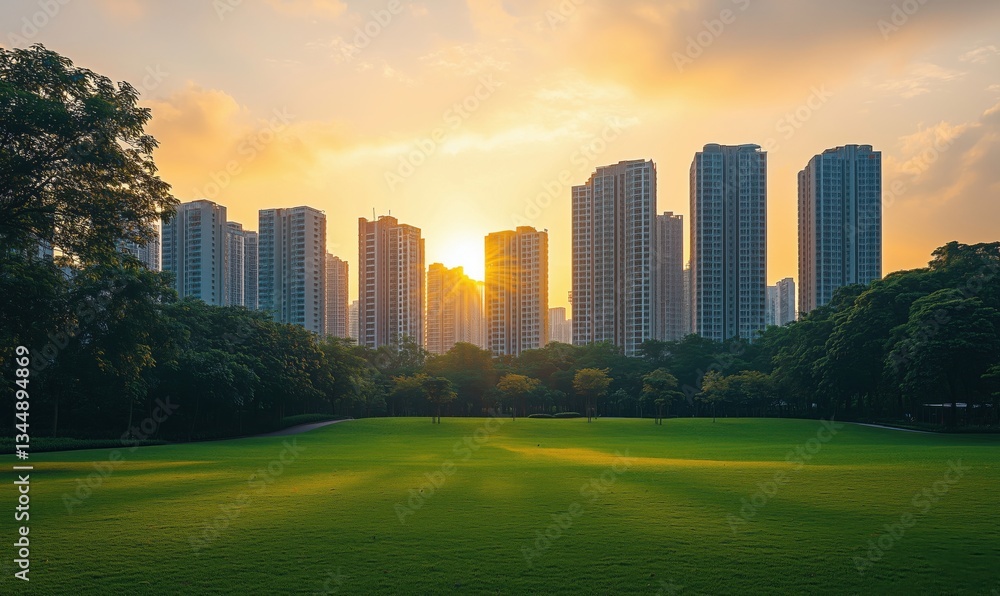 Sunset over urban skyline with modern high-rise buildings and green park Sunset over urban skyline with modern high-rise buildings and green park