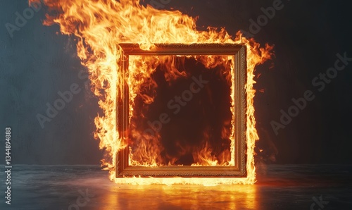 Burning picture frame engulfed in flames creating dramatic visual effect