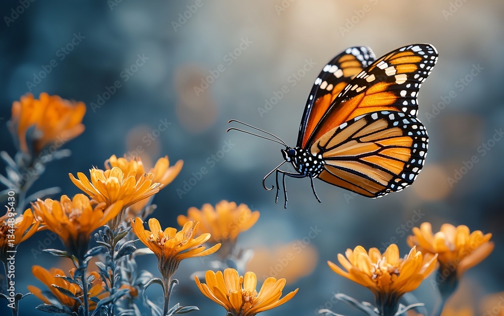Obraz premium Monarch butterfly in flight near orange flowers.