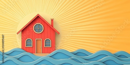 A red house surrounded by water with a yellow sun background