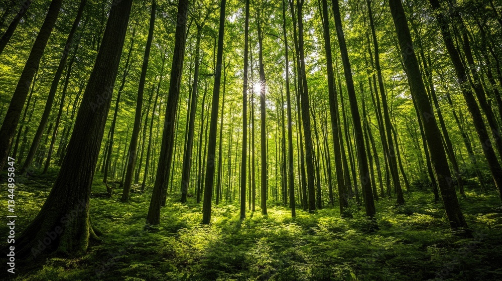 Obraz premium Lush Green Forest with Tall Trees and Sunlight Filtering Through Leaves in a Serene Natural Environment