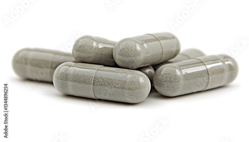 Several gray capsules lie in a small pile on white background