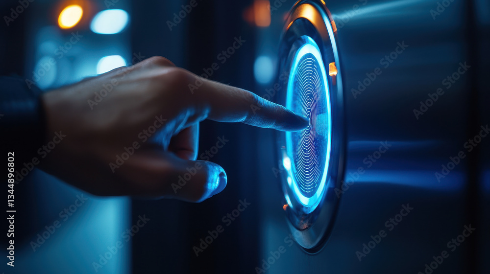 Biometric smart lock system in use with fingerprint scanner on modern door showcasing sleek and futuristic design Biometric smart lock system in use with fingerprint scanner on modern door showcasing sleek and futuristic design