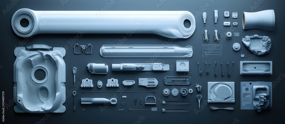 Fototapeta premium White colored machine parts and components arranged in a layout