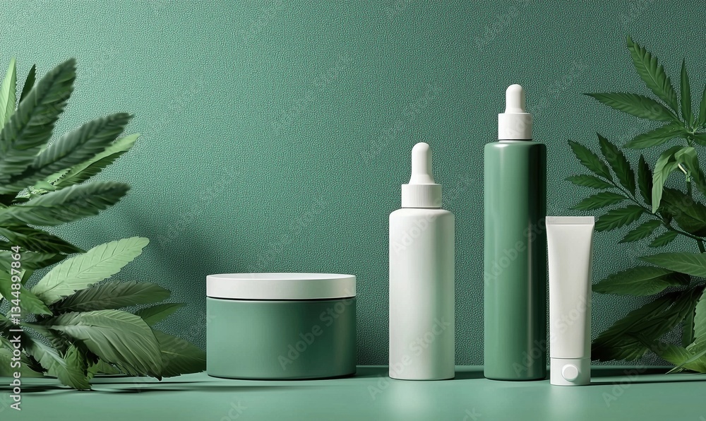 Cosmetic products display with green packaging and natural leaves background Cosmetic products display with green packaging and natural leaves background
