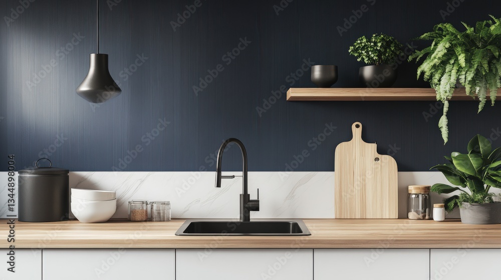 Modern kitchen design with black accents, wood surfaces, and lush greenery decor Modern kitchen design with black accents, wood surfaces, and lush greenery decor