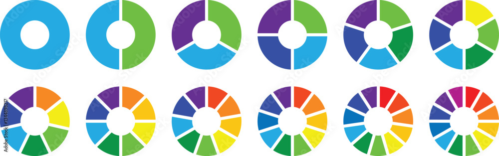 Circle pie chart diagram. Circle section graph. Pie chart set, segmented circle icons. Pie chart divided 1,2,3,4,5,6,7,8,9,10,11,12 equal parts. Vector set
