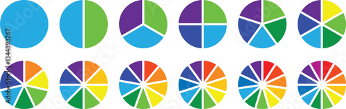 Circle pie chart diagram. Pie chart set, segmented circle icons. Pie chart divided 1,2,3,4,5,6,7,8,9,10,11,12 equal parts. Infographic wheel segment or section parts. Circle section graph. Vector set