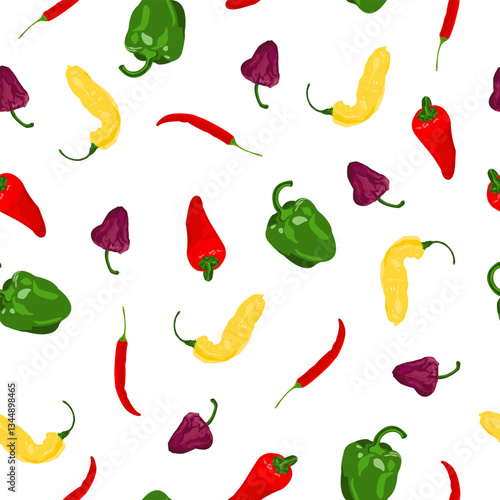 Seamless pattern with sweet bell peppers,chili peppers,suriname,ufo purple and cayenne peppers. Vector vegetable illustration in flat style.