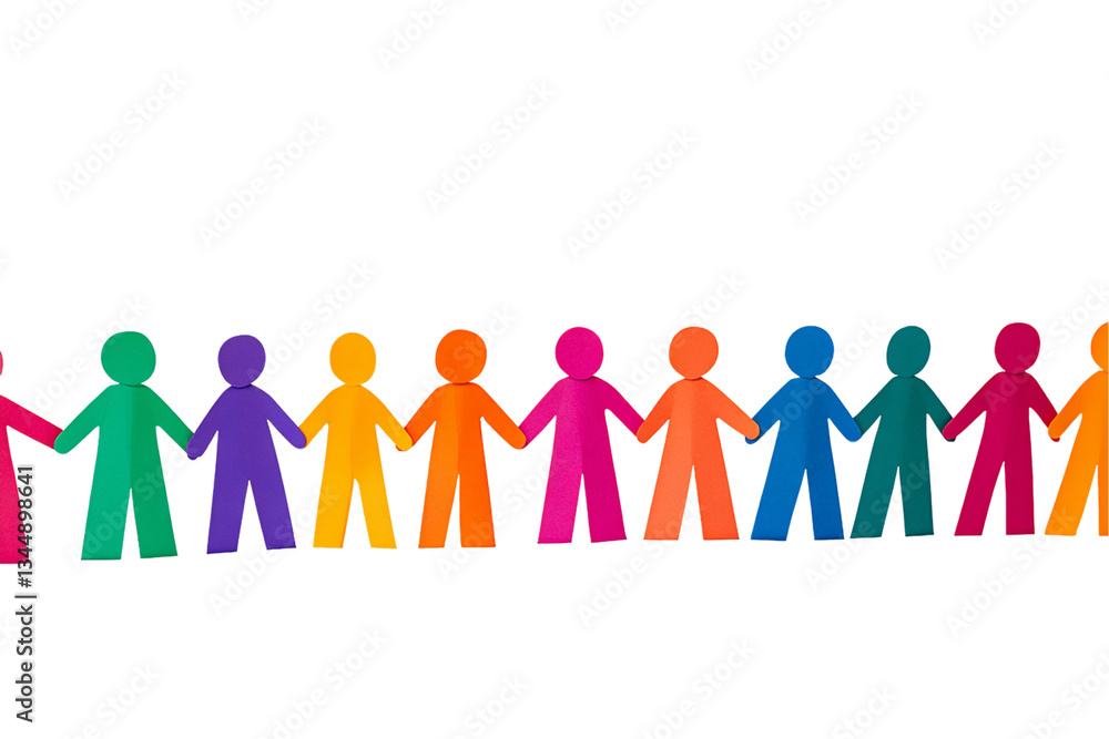 Rainbow colored paper chain people figures on transparent background. Illustrates unity and diversity, PNG Rainbow colored paper chain people figures on transparent background. Illustrates unity and diversity, PNG