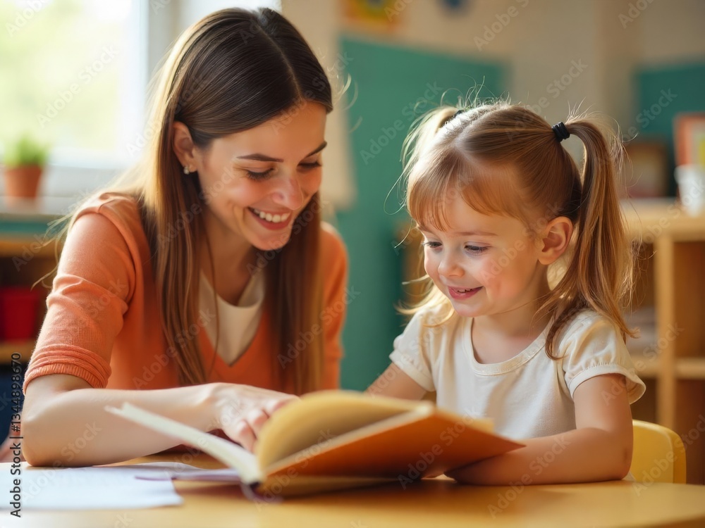Mother and daughter reading together happily.
Mother and daughter reading together happily.