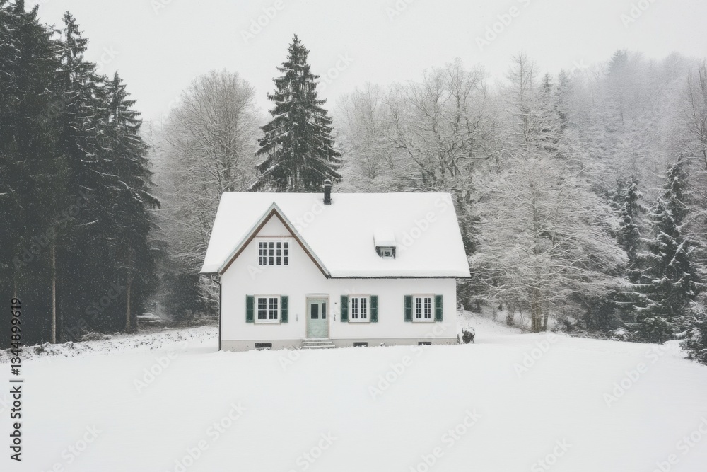 A charming snow-covered house is nestled among towering trees, creating a picturesque scene in a tranquil winter landscape on a peaceful morning A charming snow-covered house is nestled among towering trees, creating a picturesque scene in a tranquil winter landscape on a peaceful morning