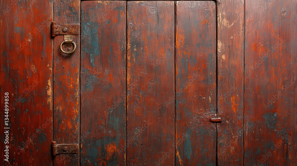 Fototapeta premium Rustic Red Wooden Door with Multicolored Paint Splatters