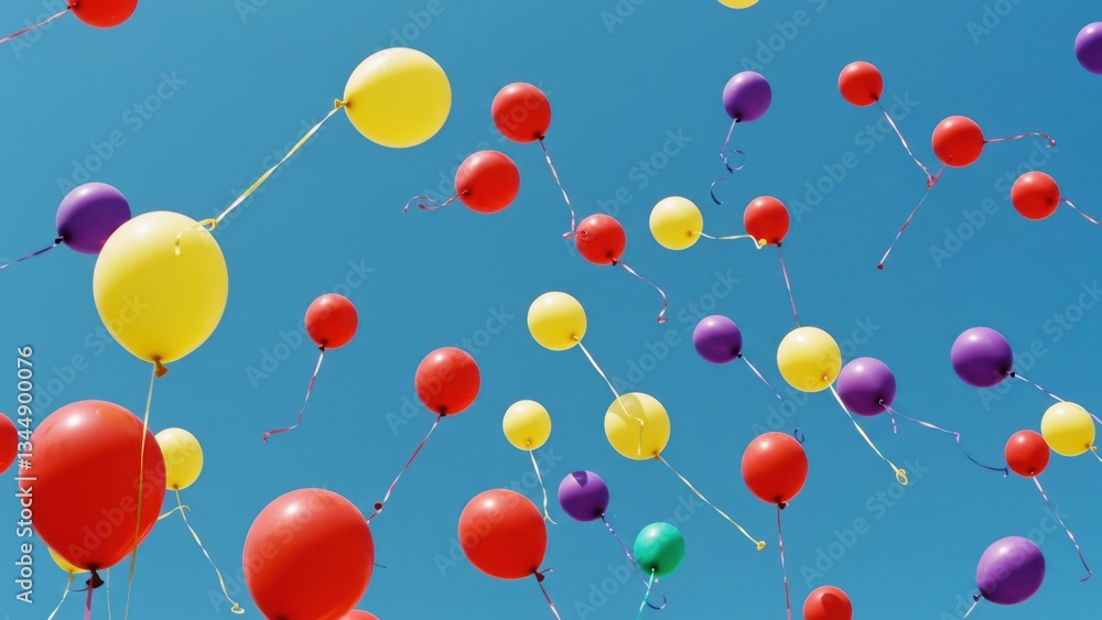 Colorful balloons floating in a clear blue sky create a joyful scene. Colorful balloons floating in a clear blue sky create a joyful scene.