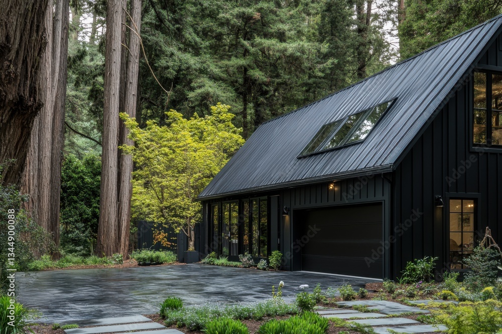 Modern black cabin nestled among towering redwoods in a serene forest setting with a welcoming driveway and lush greenery during daytime Modern black cabin nestled among towering redwoods in a serene forest setting with a welcoming driveway and lush greenery during daytime