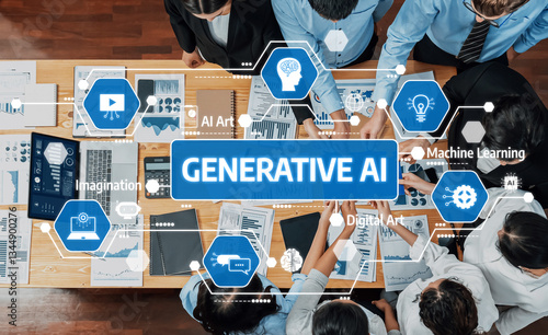 A diverse group engaged in brainstorming sessions centered on Generative AI and digital art, highlighting innovation, creativity, and technological advancements in teamwork. Amity