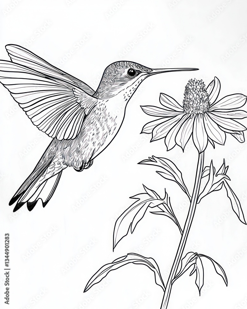 Fototapeta premium Minimalist ultra-HD line art a hummingbird hovering near a flower, with bold strokes forming intricate details