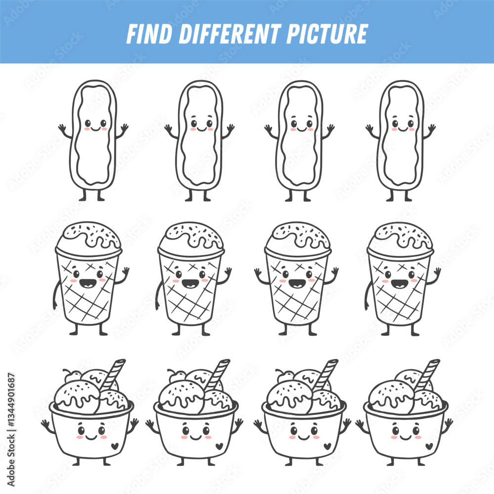 Find different picture each row. Logical game for kids. Cartoon character. Doodle. Educational game .Activity page with food characters. Cartoon ice cream and eclair. Vector Find different picture each row. Logical game for kids. Cartoon character. Doodle. Educational game .Activity page with food characters. Cartoon ice cream and eclair. Vector