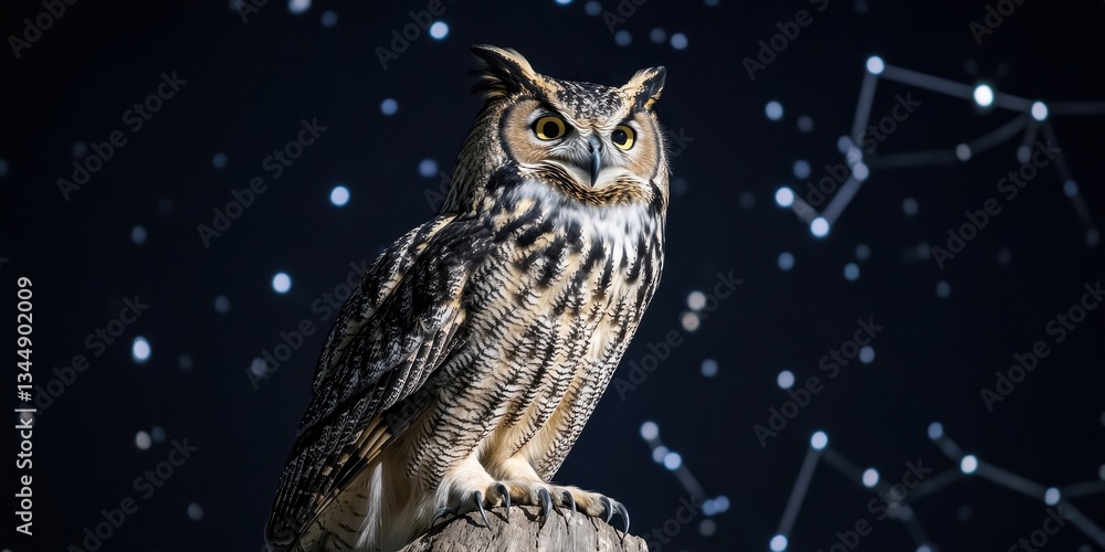 An impressive owl perches serenely with a starry background display An impressive owl perches serenely with a starry background display