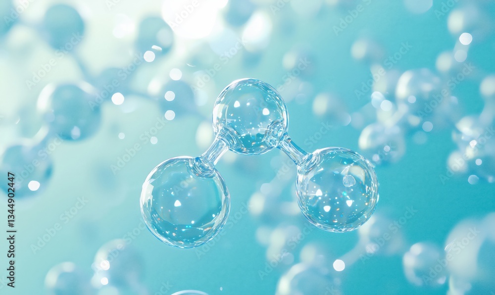 Molecular structure of water with bubbles and light reflections in blue background Molecular structure of water with bubbles and light reflections in blue background