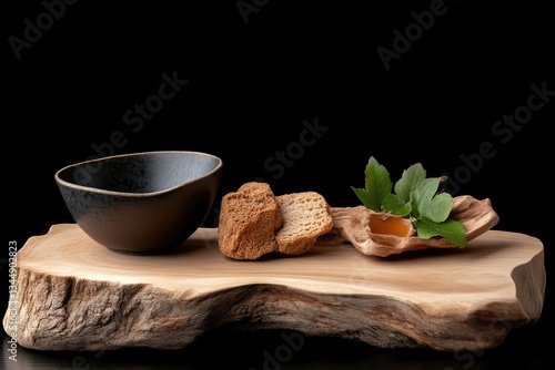 Rustic bread and bowl on wooden slab