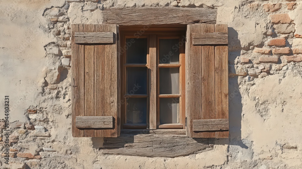 Weathered Wooden Window Shutters on a Tan Stone Wall