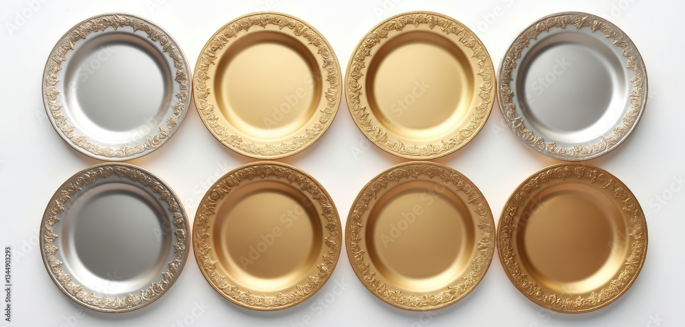 Elegant ensemble of gold and silver plates with lavish golden borders. Decorative round dish set for special events and festive table setting. Antique design with laurel pattern for luxury dining. Elegant ensemble of gold and silver plates with lavish golden borders. Decorative round dish set for special events and festive table setting. Antique design with laurel pattern for luxury dining.