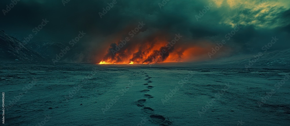 Fototapeta premium Footprints Leading Through Snowy Landscape Towards Intense Flames