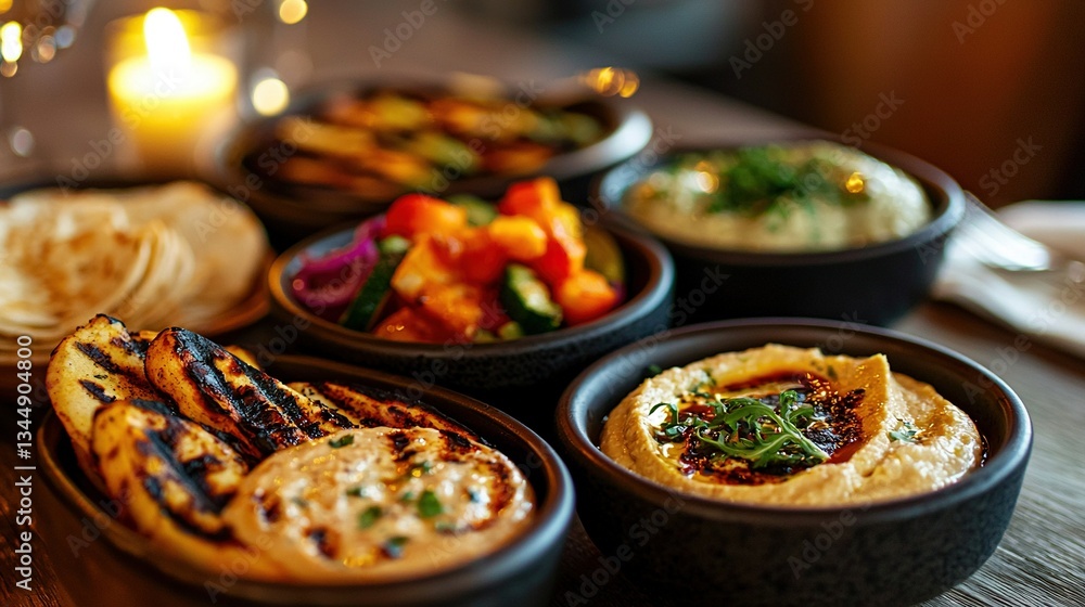 A macro shot of a platter of cuisine resting atop a dining table with adjacent serving dishes and an ambient candle in the background A macro shot of a platter of cuisine resting atop a dining table with adjacent serving dishes and an ambient candle in the background