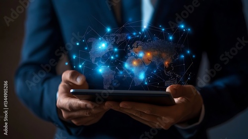 Wallpaper Mural Global Network Connectivity: Businessman Holding Tablet with Holographic World Map Torontodigital.ca