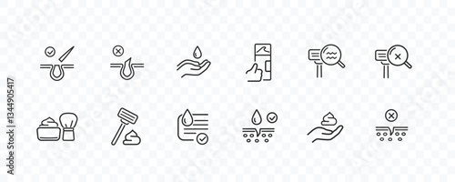 Shave line icon set isolated on transparent background. Care skin, shaving tools, foam, face cream signs. Vector outline stroke symbols