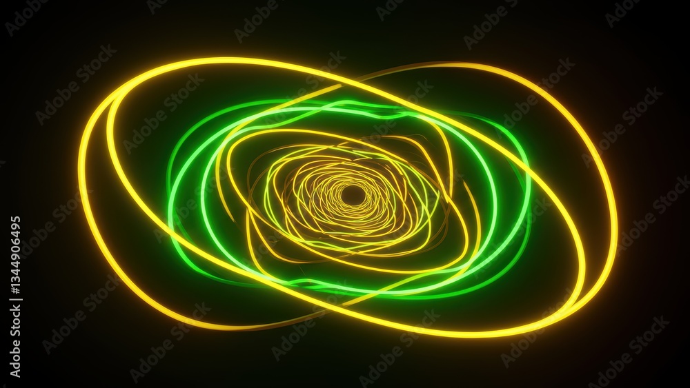 An abstract glowing spiral of green and yellow light patterns. An abstract glowing spiral of green and yellow light patterns.