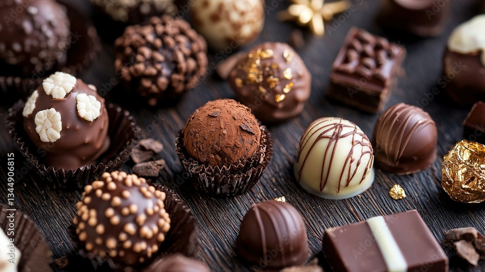 A golden-white table covered in chocolate and candies A golden-white table covered in chocolate and candies